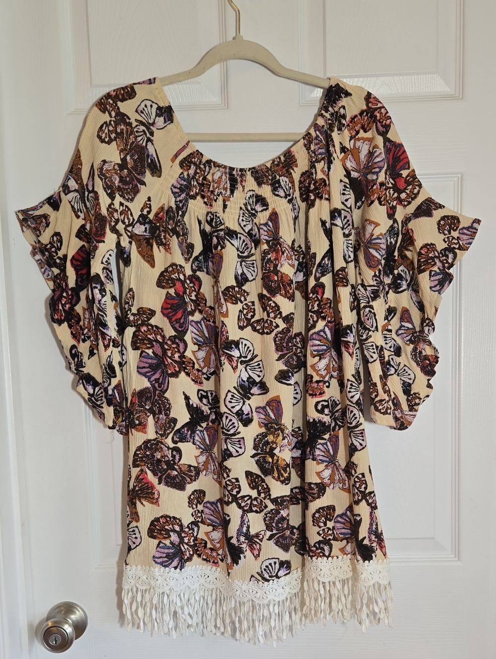 Hayden Los Sngeles Cream Butterfly-Print Off-Shoulder Tunic Fringe Size Small